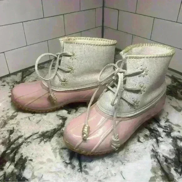 Jack Rogers Chloe Blush Metallic Rain Duck Boots Women's 7M NWOB Sherpa Lining - Picture 5 of 8